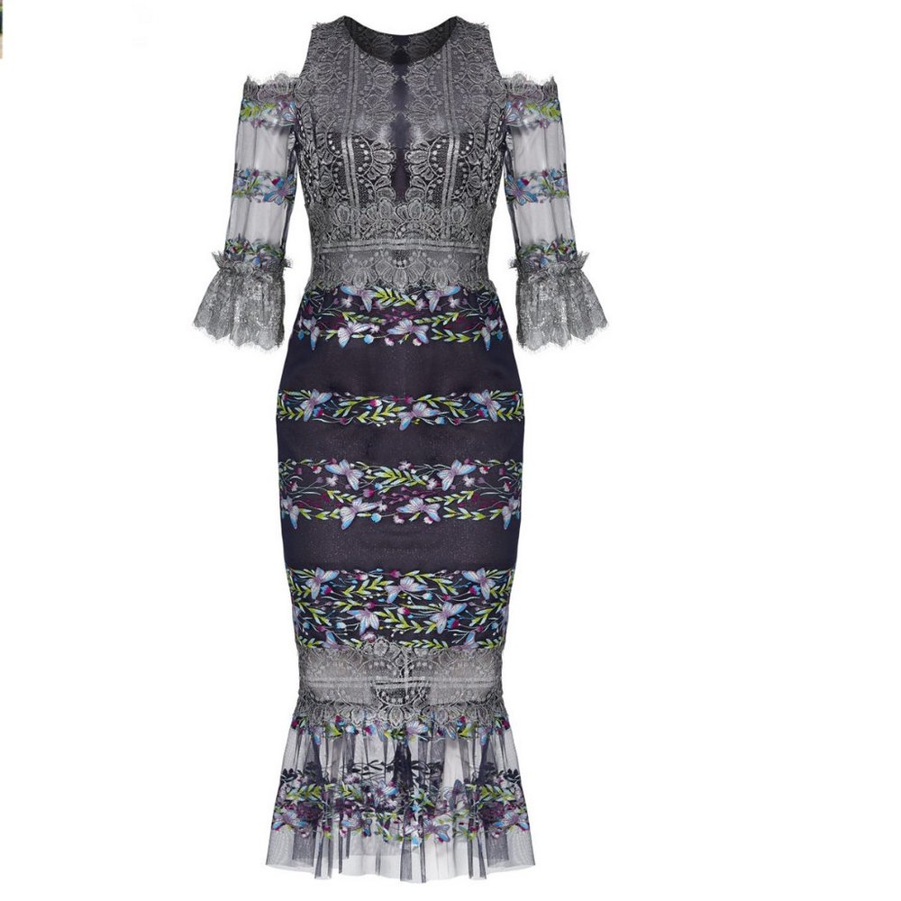 SALE Marchesa Notte Metallic Floral Lace Dress (8)